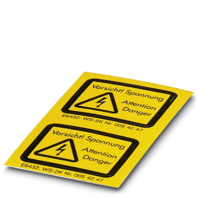 Phoenix Contact Adhesive warning plate; self-adhesive; black print: lightning flash with mixed verson -  Vorsicht Spannung - Attention Danger  size of label: 32 x 26mm